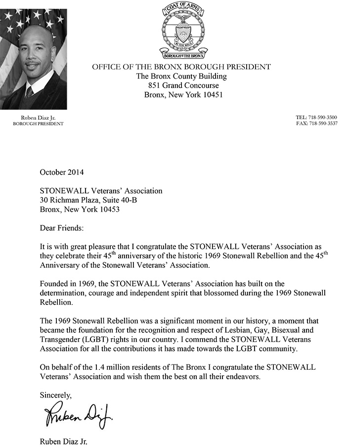 Bronx Borough President Ruben Diaz,  Jr's journal letter for the STONEWALL Rebellion Veterans' organization
for Gay History Month.