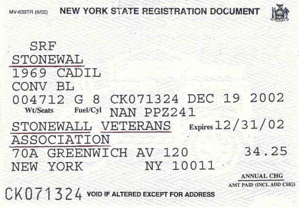 New York State Registration Cardfor the 1969 Stonewall Car