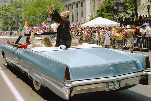 Rear view of the grand 1969 Cadillac Stonewall Car leading a NYC Pride parade
