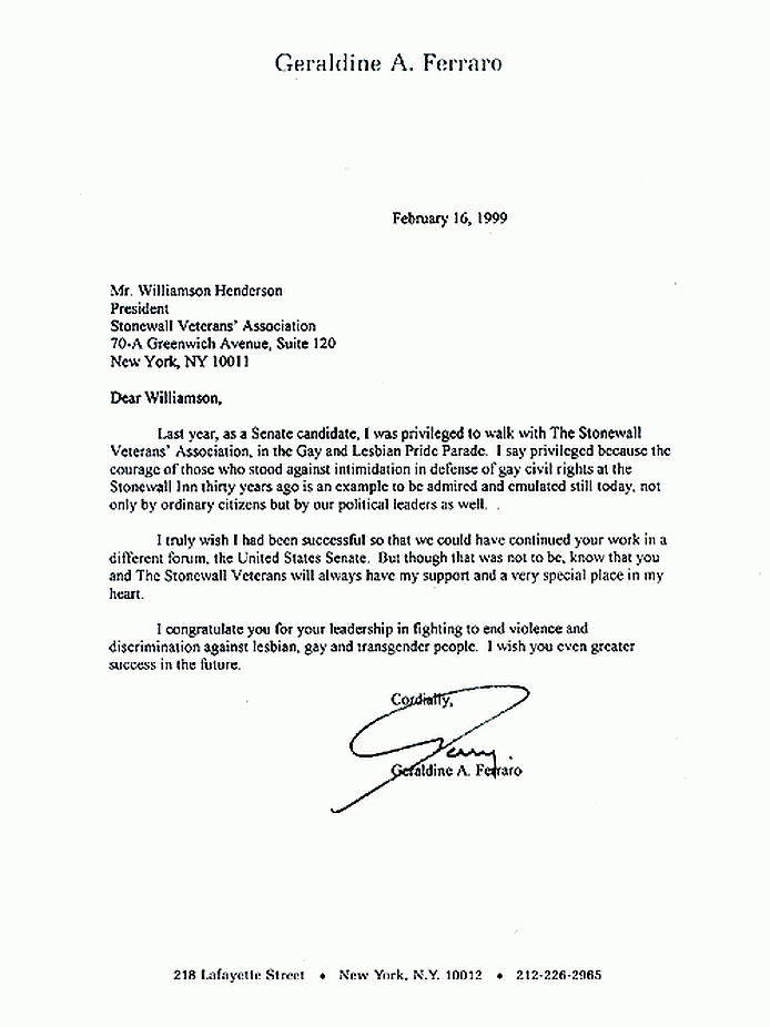 1999 Geraldine Ferraro Letter To the SVA