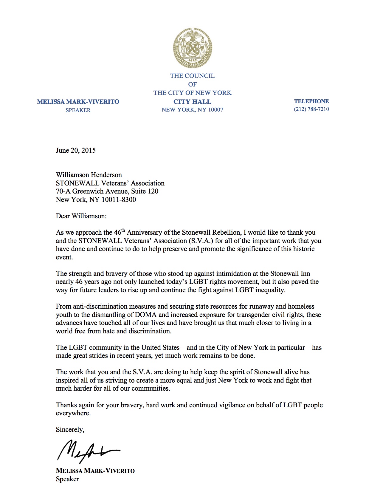 2015 - Council Speaker Melissa Viverito's Letter to the STONEWALL Vets