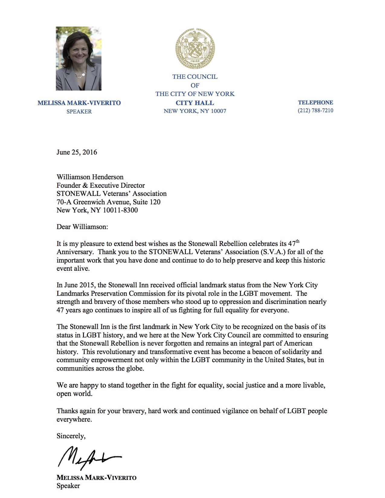 2016 - Council Speaker Melissa Viverito's Letter to the STONEWALL Vets
