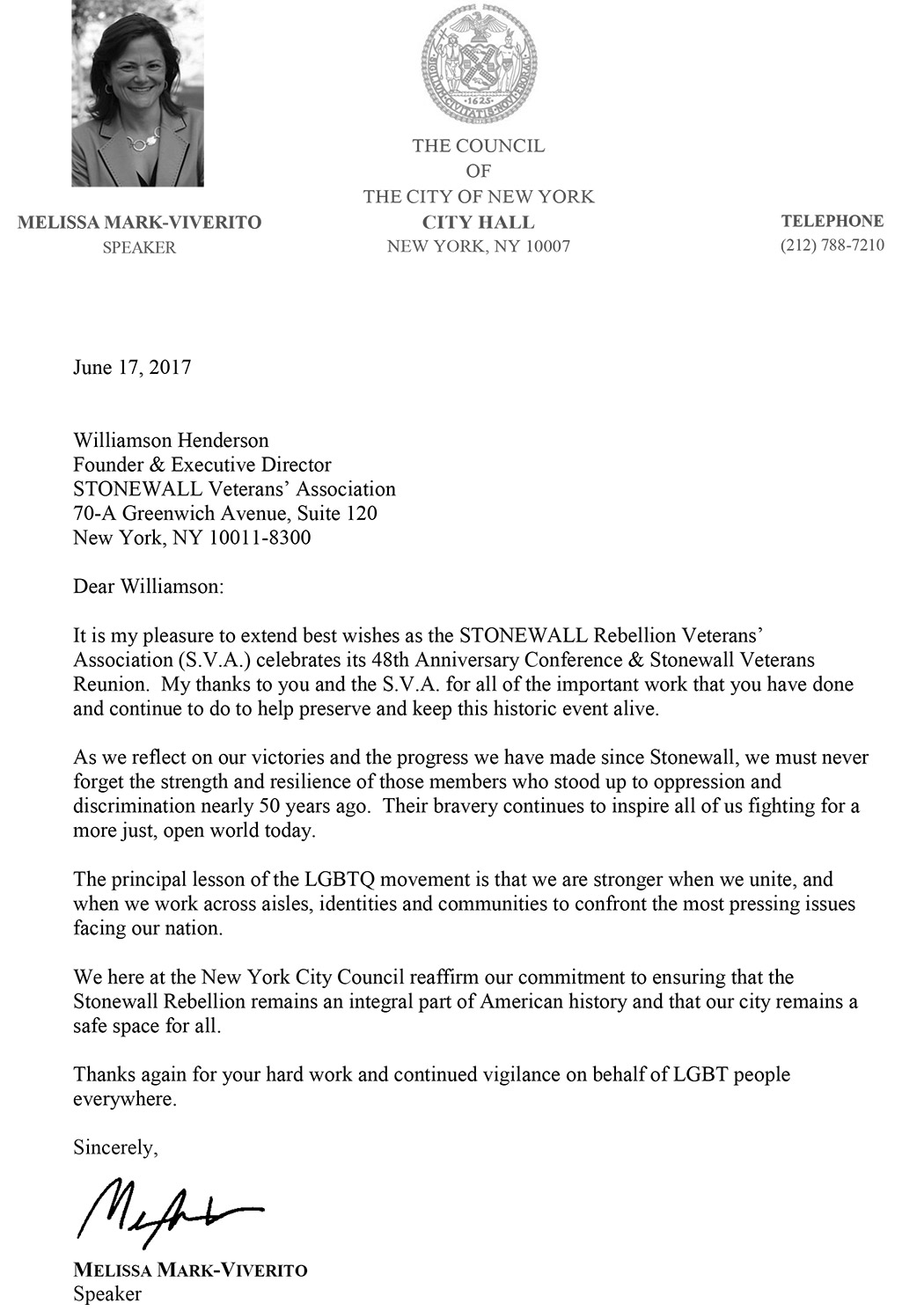 2017 - Council Speaker Melissa Viverito's Letter to the STONEWALL Vets