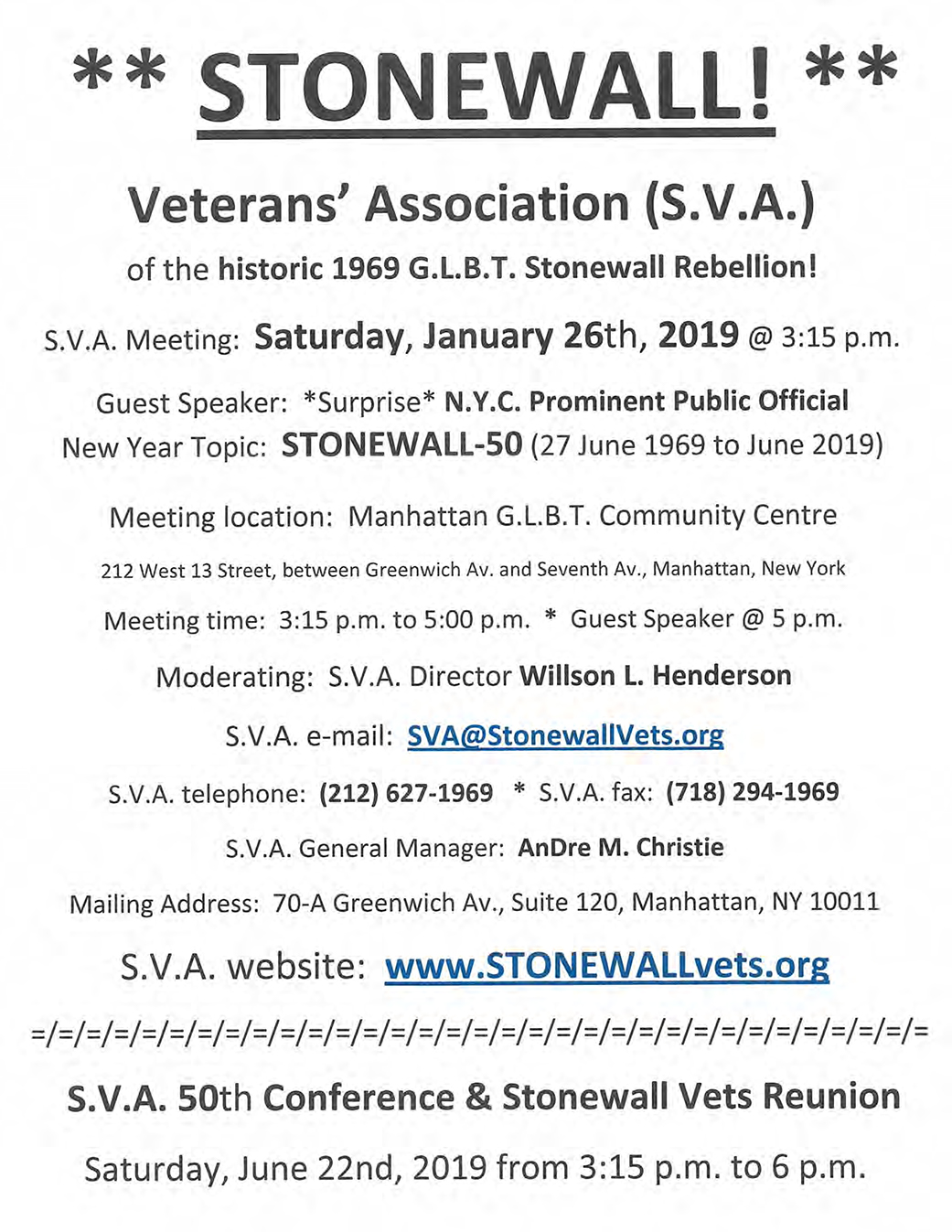 S.V.A. Monthly Meeting - Saturday 26, 2019