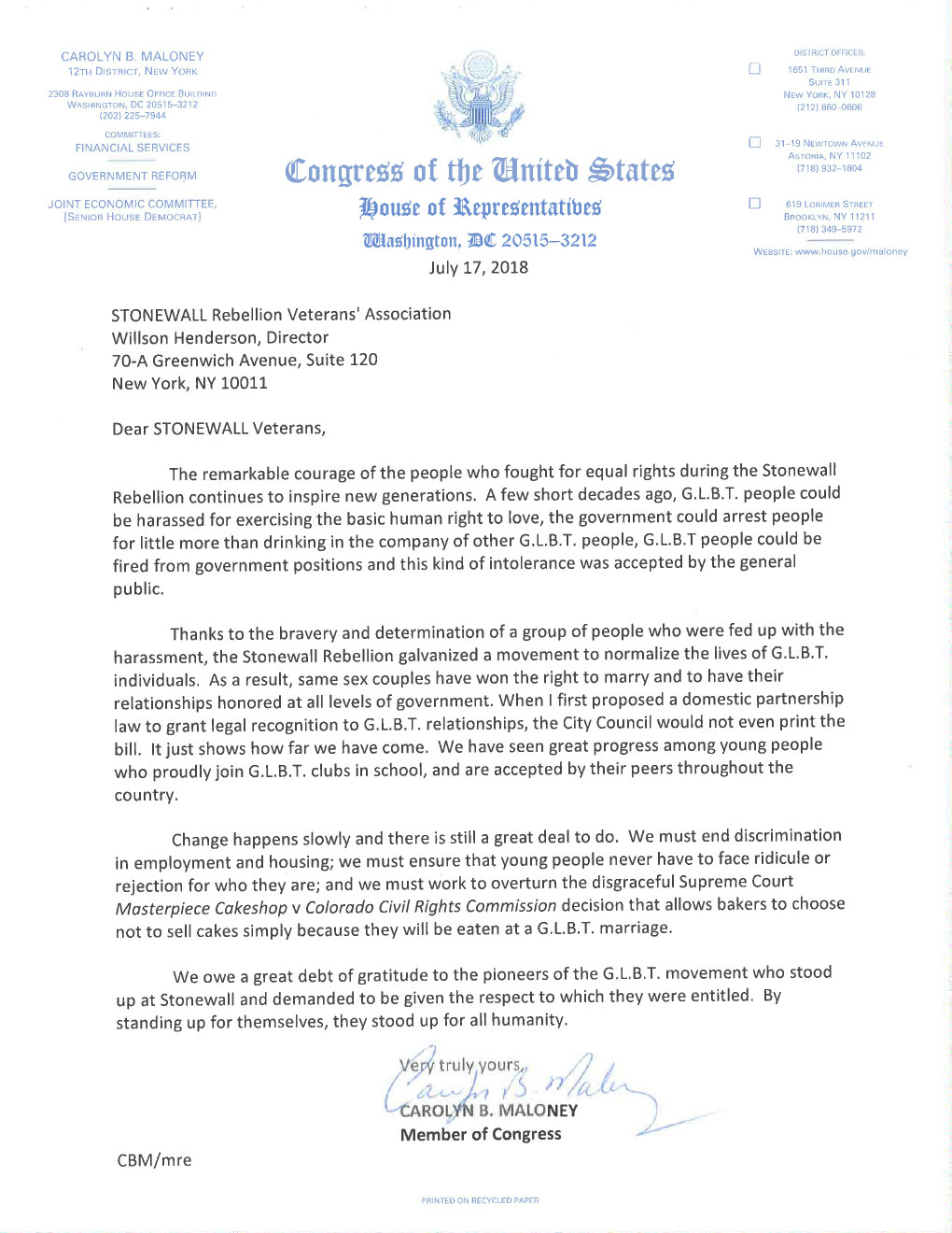 Congresswoman Maloney's Annual Letter of Applause to the STONEWALL Veterans - 2018