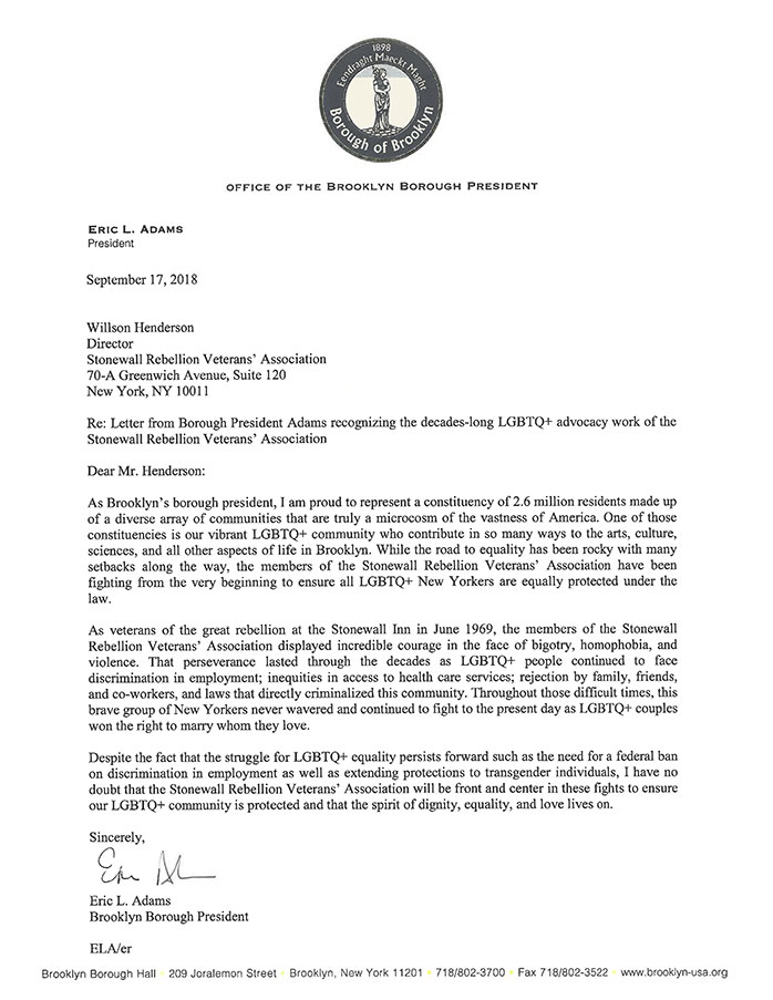 Brooklyn Borough President Eric L. Adams 2018 Letter of Appreciation to the S.V.A.